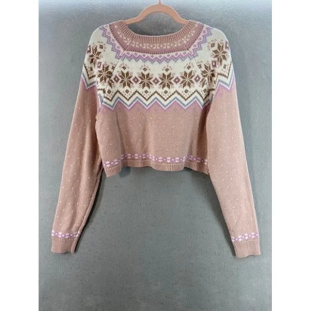 Aeropostale Fair Isle Sweater Womens XL Pink Cropped Snowflake Knit Scoop Neck